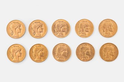 FRANCE
Lot of ten 20 franc gold coins, French...