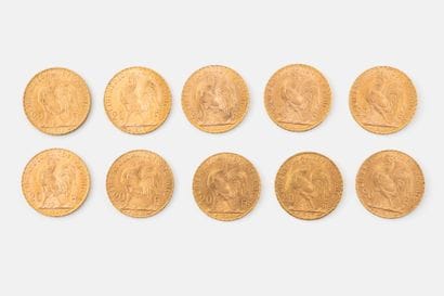 FRANCE
Lot of 10 coins 20 francs gold, French...