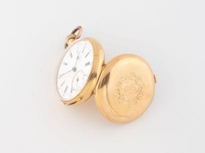 Yellow gold (750) gousset watch with guilloché...