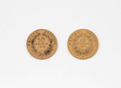 Two 10 franc gold coins, Napoleon III.
Dates:...
