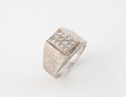 Small white gold (750) signet ring with textured...