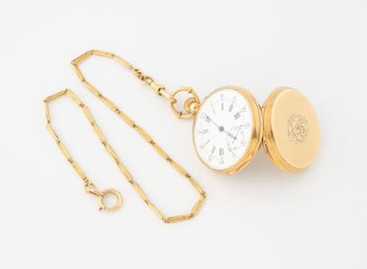 Yellow gold (750) gousset watch with guilloché...
