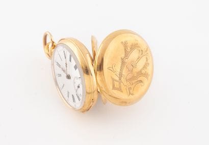 Yellow gold (750) gousset watch engraved...
