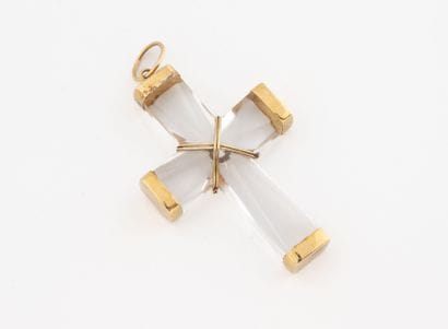 Yellow gold (750) and crystal cross pendant...