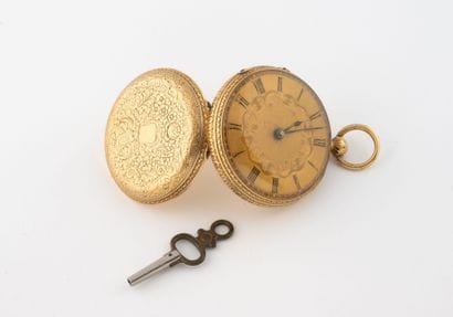 Yellow gold (750) gousset watch with chased...