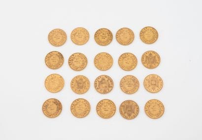 FRANCE
Lot of twenty 20 franc gold coins,...