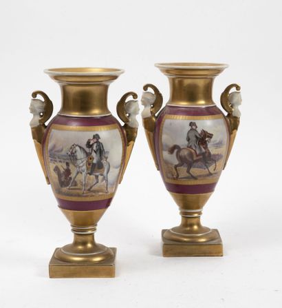 Pair of baluster vases on pedestal with sheathed...