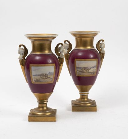 Pair of baluster vases on pedestal with sheathed...