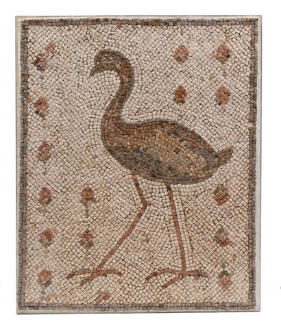 Mosaic depicting a wader passing to the right,...