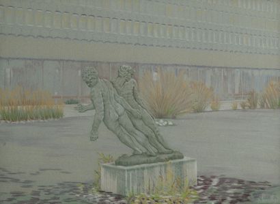 Statues in a garden.
Pastel on blue paper.
Signed...