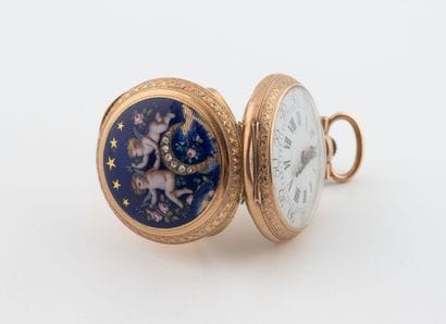 Small pink gold (750) collar watch with blue...