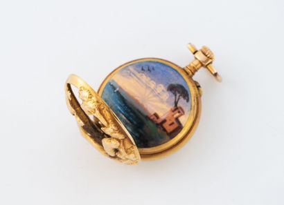 Yellow gold (750) collar watch with black...