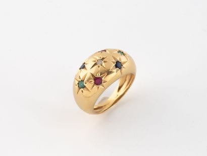 Yellow gold (750) ring set with small colored...
