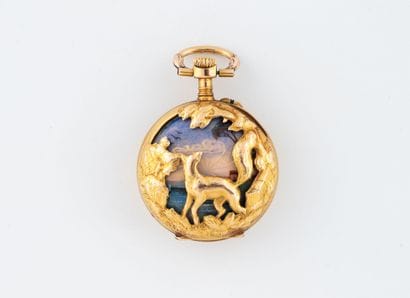 Yellow gold (750) collar watch with black...