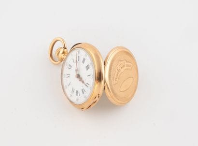 Yellow gold (750) collar watch. 
White enamel...