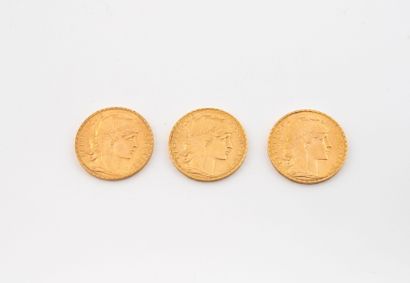 FRANCE 
Three 20-franc gold Marianne coins,...
