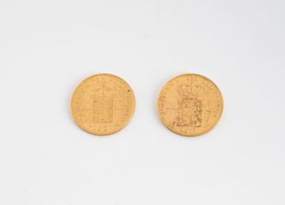 NETHERLANDS
Two 10 Florin gold coins, Willem...