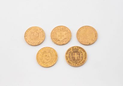 Lot of five coins including: 
- Two 10 franc...