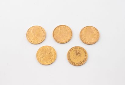 Lot of five coins including: 
- Two 10 franc...