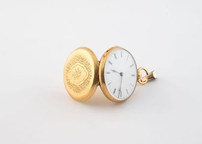 Yellow gold (750) collar watch. 
White enameled...