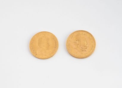 NETHERLANDS
Two 10 Florin gold coins, Willem...