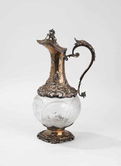 White glass decanter engraved with a frieze...