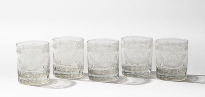 Set of five cut and acid-etched crystal whisky...