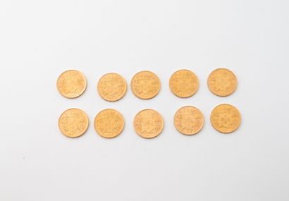 SUISSE
Lot de dix pièces de 20 francs suisses...