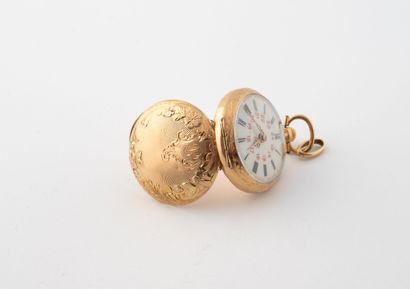 Yellow gold (750) collar watch. 
White enamel...