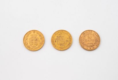 Lot de trois pièces :
- 20 Francs or, Hercule,...