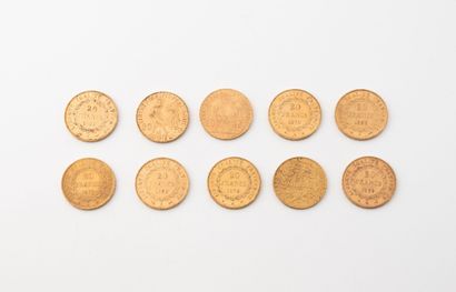 FRANCE
Lot of ten 20 franc gold coins: 
-...