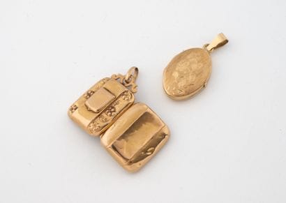 Two yellow gold (750) oval and rectangular...