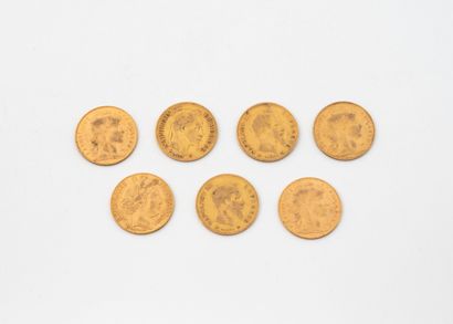 Lot de sept pièces de 10 francs or :
- Deux...