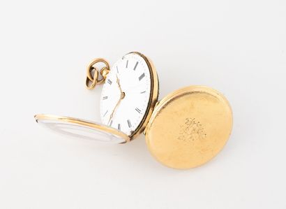 Yellow gold (750) collar watch. 
Round white...