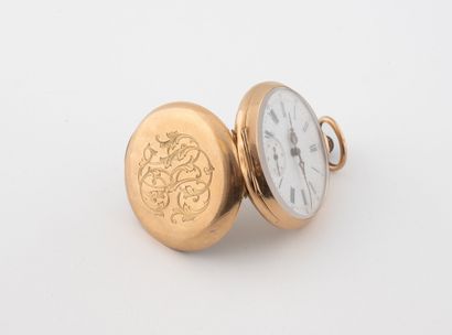 Pocket watch in yellow gold (750). 
White...