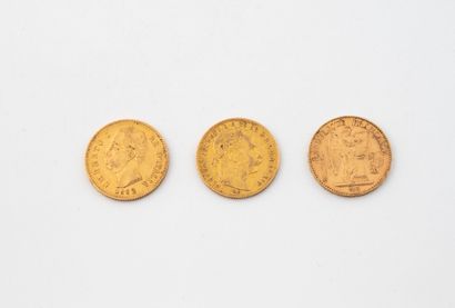 Lot de trois pièces :
- 20 Francs or, Hercule,...