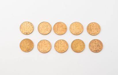 FRANCE
Lot of ten 20 franc gold coins: 
-...