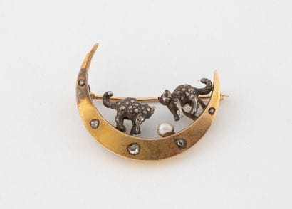 Brooch in yellow gold (750) forming a moon...