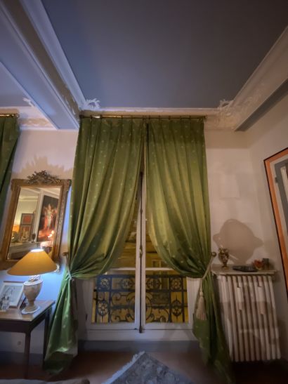 Two pairs of curtains in green-bronze fabric...