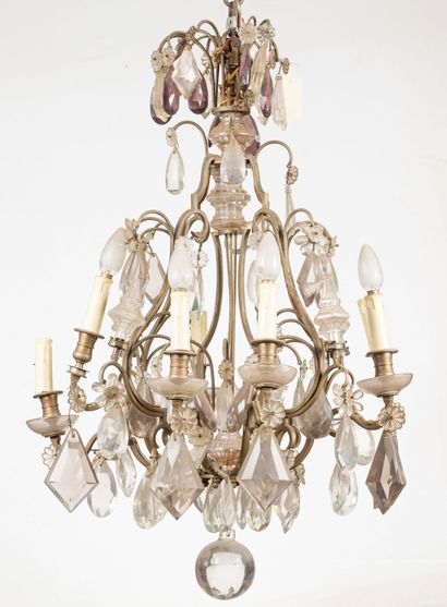 Eight-light brass cage chandelier with faceted...