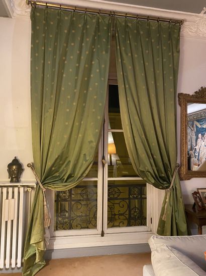 Two pairs of curtains in green-bronze fabric...