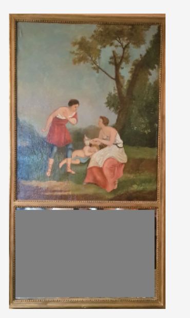 Trumeau formé d'un miroir rectangulaire sommé...
