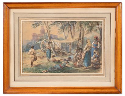 École du XIXème siècle
Campement de bohémiens.
Dessin...