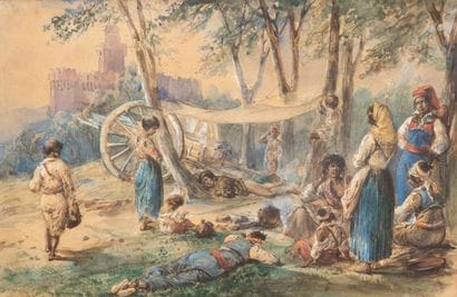 École du XIXème siècle
Campement de bohémiens.
Dessin...