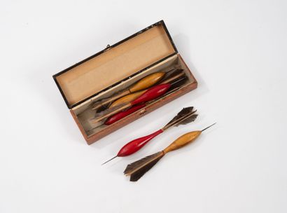 Wooden darts game. In a case. Minor acci...
