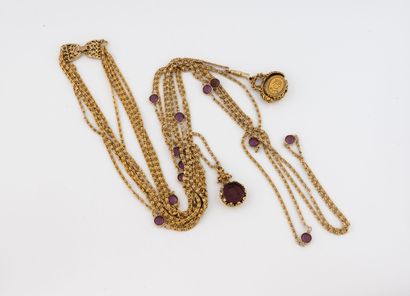 Five-row long necklace in gilded metal with...