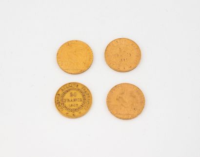 FRANCE 
Quatre pièces de 20 francs or :
-...