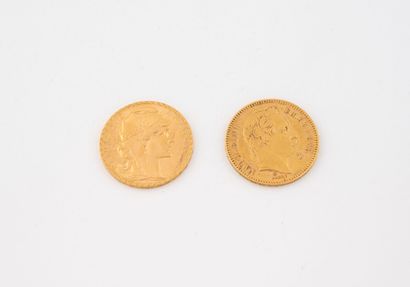 Deux pièces de 20 francs or :
- Au coq, 1908.
-...