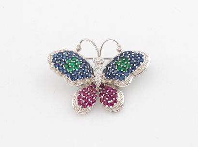 Butterfly pendant brooch in white gold (750),...