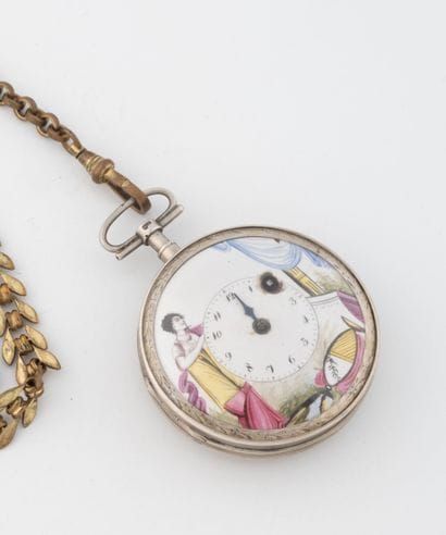 Silver gousset watch (800). Polychrome enamelled...